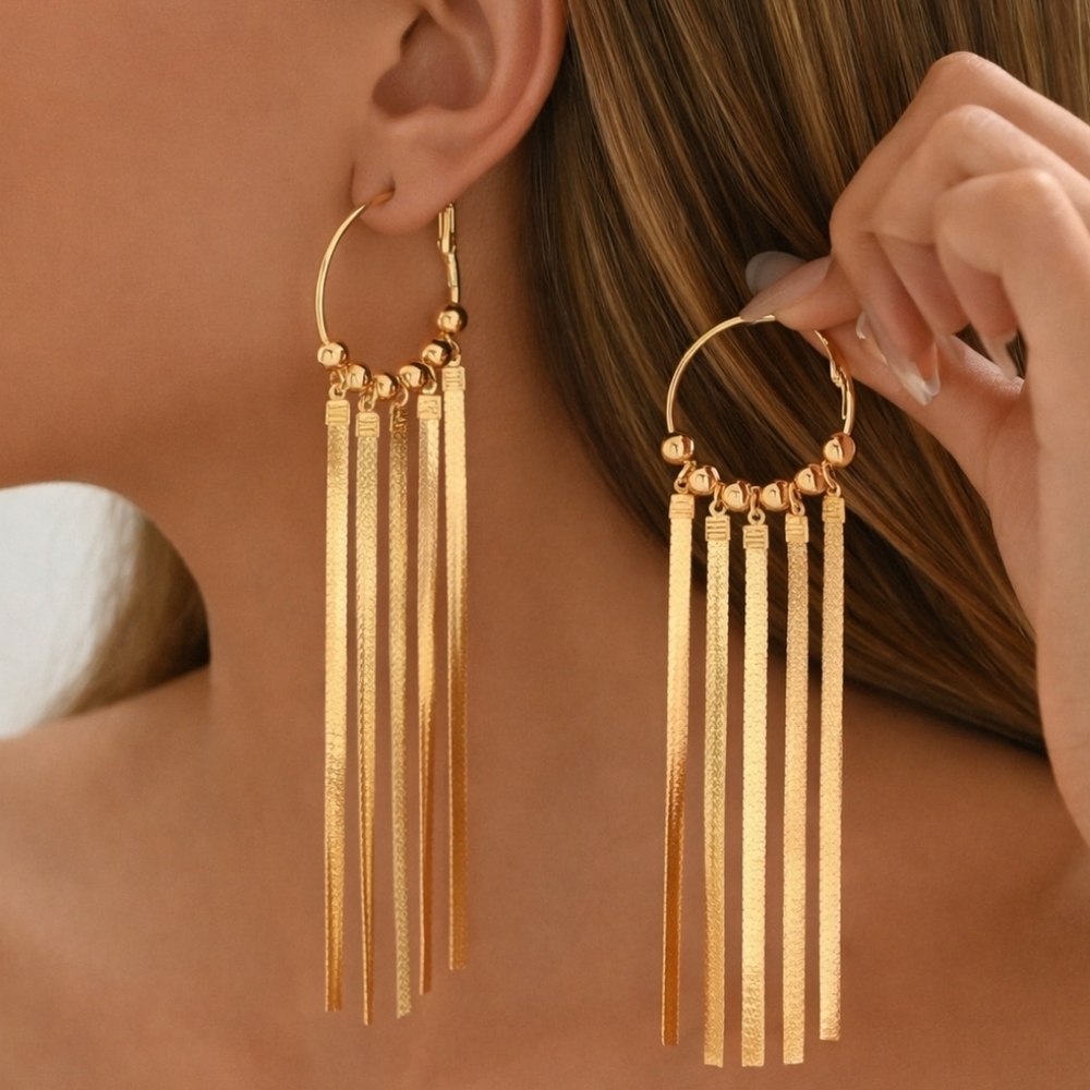 Gold Snake Chain Fringe Tassel Hoop Earrings